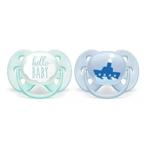 AVENT Залъгалки ULTRA SOFT с декорация + стерилизаторна кутия 0-6 месеца - 2бр./оп. - момче - лодка/hello