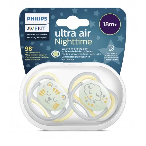 AVENT Ортодонтични залъгалки Ultra Air + стерилизаторна кутия 18м+  - нощни неутрални