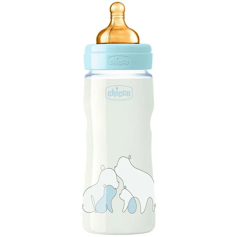 Chicco Стъклено шише ORIGINAL TOUCH каучук 240мл 0+м - синьо