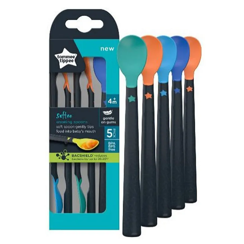 Tommee Tippee Лъжици с мек връх  4м+  (5 бр./оп.) - антибактериално покритие BACSHIELD