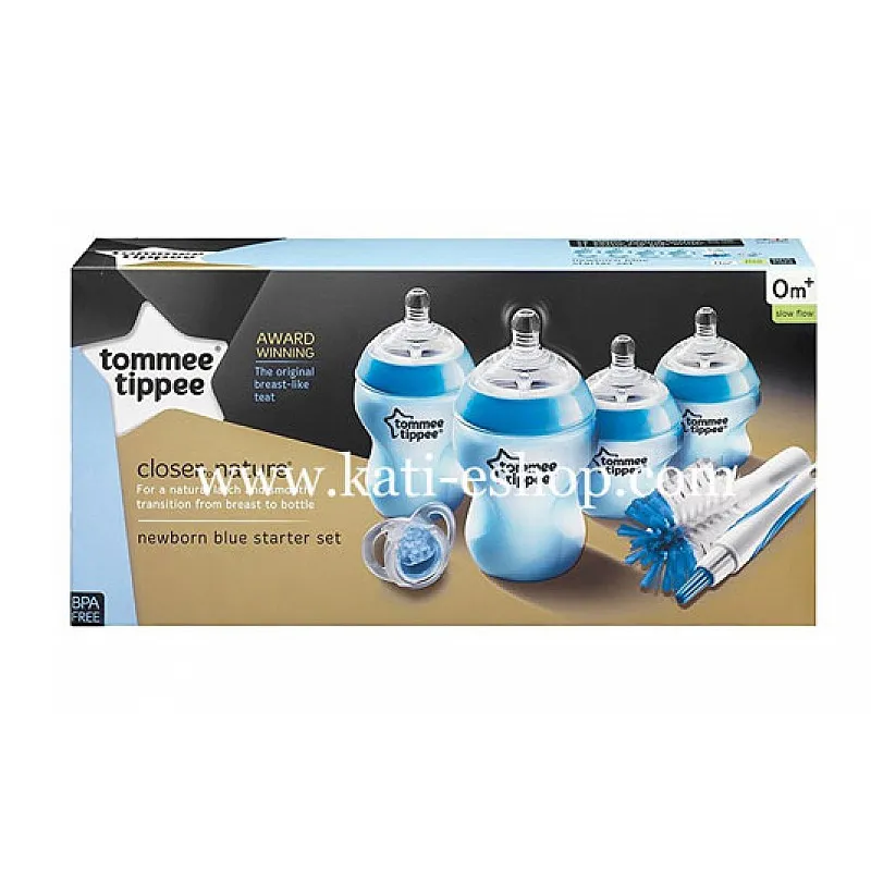 Tommee Tippee Комплект за новородено + четка за шишета - син