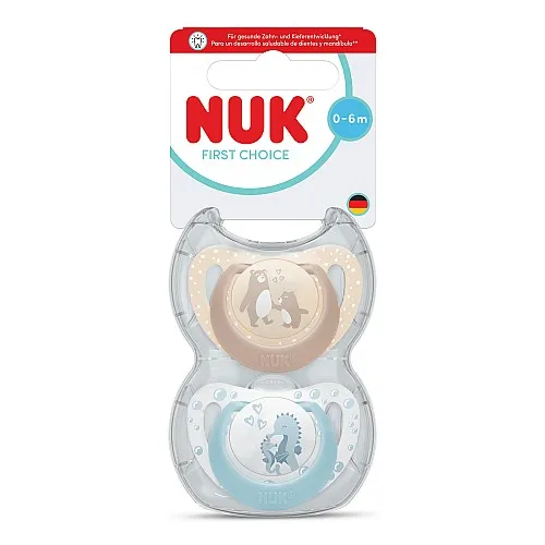 NUK First Choice биберон залъгалка, силикон, 0-6 мес., 2 бр., Мечка/Водно конче