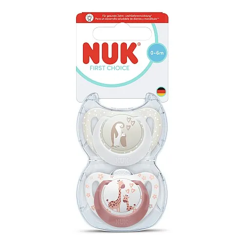 NUK First Choice биберон залъгалка, силикон, 0-6 мес., 2 бр., Пингвин/Жираф