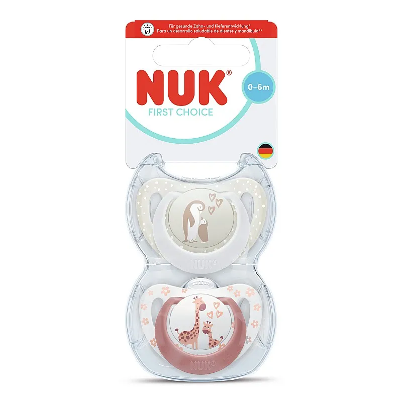 NUK First Choice биберон залъгалка, силикон, 0-6 мес., 2 бр., Пингвин/Жираф
