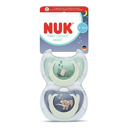 NUK First Choice биберон залъгалка, силикон, 0-6 мес., 2 бр., Night, Хипо/Коала