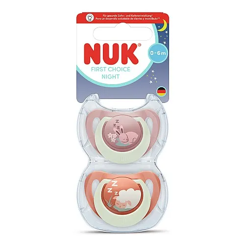 NUK First Choice биберон залъгалка, силикон, 0-6 мес., 2 бр., Night, Заек/Овца