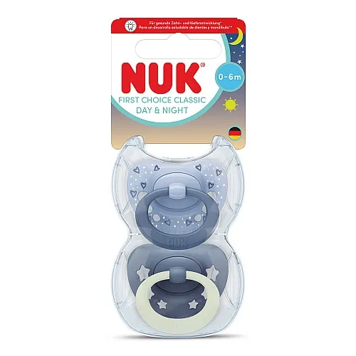 NUK First Choice биберон залъгалка, силикон, 0-6 мес., 2 бр., Day&Night, момче