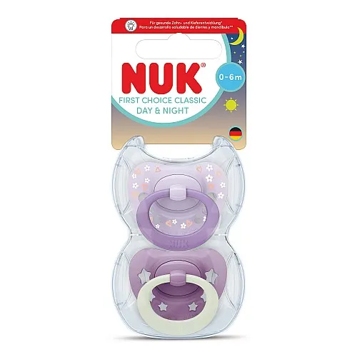NUK First Choice биберон залъгалка, силикон, 0-6 мес., 2 бр., Day&Night, момиче