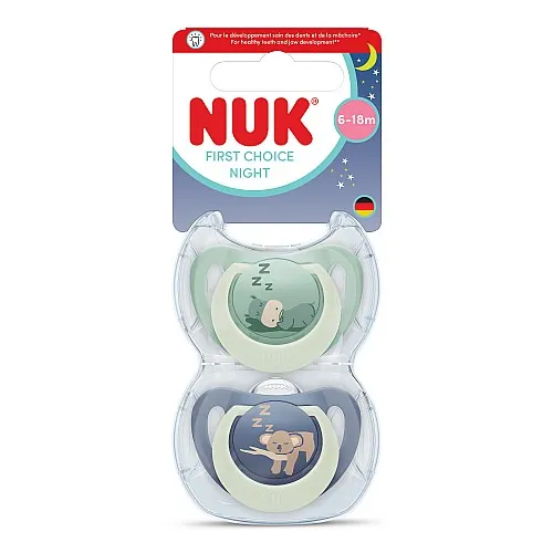 NUK First Choice биберон залъгалка, силикон, 6-18 мес., 2 бр., Night, Хипо/Коала