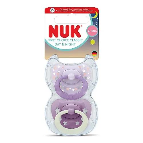 NUK First Choice биберон залъгалка, силикон, 6-18 мес., 2 бр., Day&Night, момиче