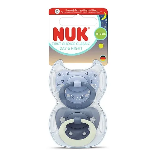 NUK First Choice биберон залъгалка, силикон, 18+ мес., 2 бр., Day&Night, момче