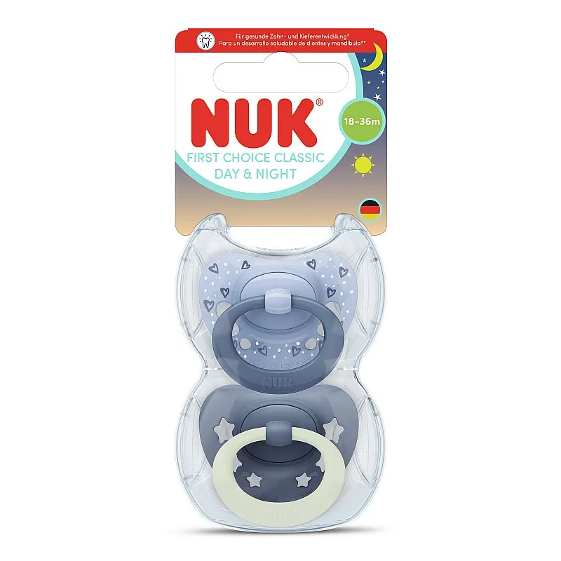 NUK First Choice биберон залъгалка, силикон, 18+ мес., 2 бр., Day&Night, момче