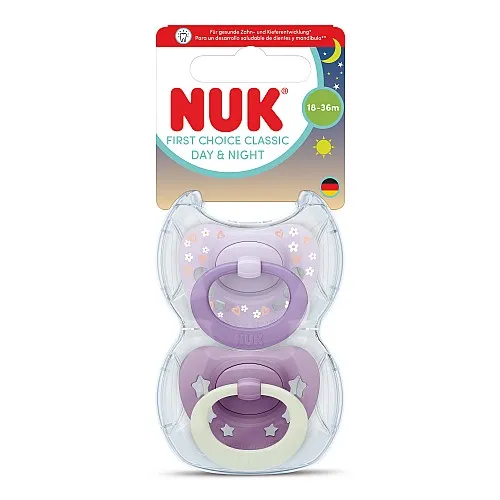 NUK First Choice биберон залъгалка, силикон, 18+ мес., 2 бр., Day&Night, момиче