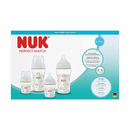 NUK Perfect Match Сет стъклени шишета - 2х120мл. + 2х230мл.+ допълнителен биберон за хранене Flow control1бр.
