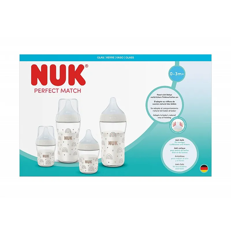 NUK Perfect Match Сет стъклени шишета - 2х120мл. + 2х230мл.+ допълнителен биберон за хранене Flow control1бр.