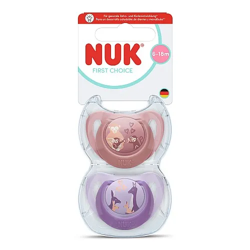 NUK First Choice биберон залъгалка, силикон, 6-18 мес., 2 бр., Маймуна/Кенгуру