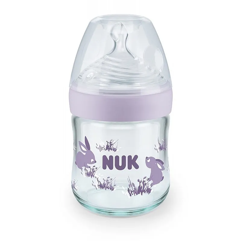 NUK NATURE SENSE Softer Temperature Control Шише стъклено 120мл. силиконов биберон 0+ р-р S, - Лилав NUK NATURE SENSE Softer Temperature Control Шише стъклено 120мл. силиконов биберон 0+ р-р S, - Лилав