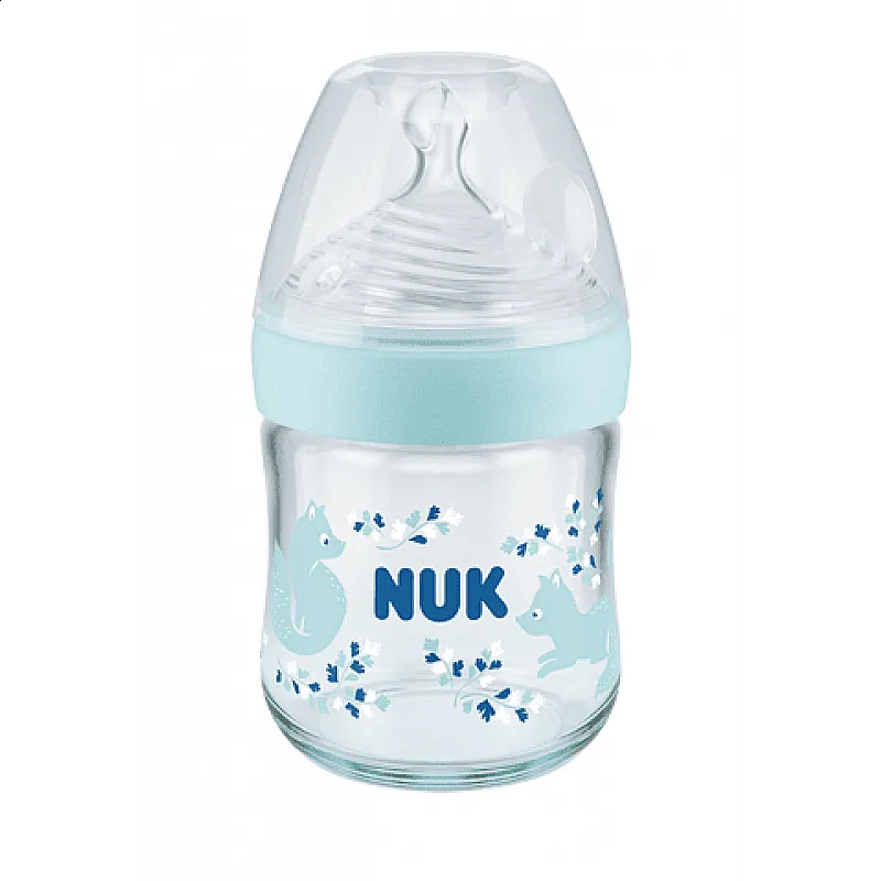 NUK NATURE SENSE Softer Temperature Control Шише стъклено 120мл. силиконов биберон 0+ р-р S - Син NUK NATURE SENSE Softer Temperature Control Шише стъклено 120мл. силиконов биберон 0+ р-р S - Син