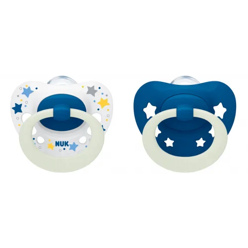 NUK Биберон залъгалка силикон 0-6 мес. 2 бр. Signature Night момче + кутийка за съхранение и стерилизация в микровълнова