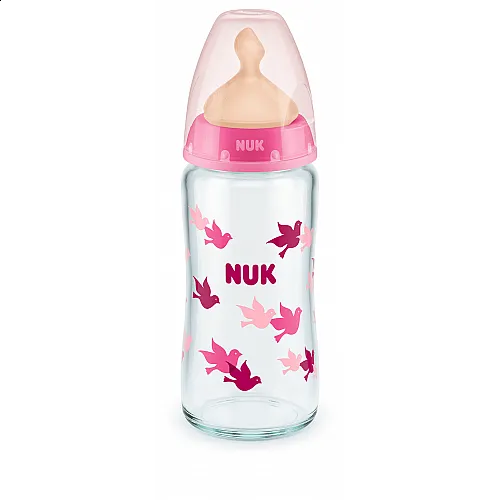 NUK First Choice стъклено шише Temperature Control 240мл. с каучуков биберон за хранене 0-6мес. - Розов