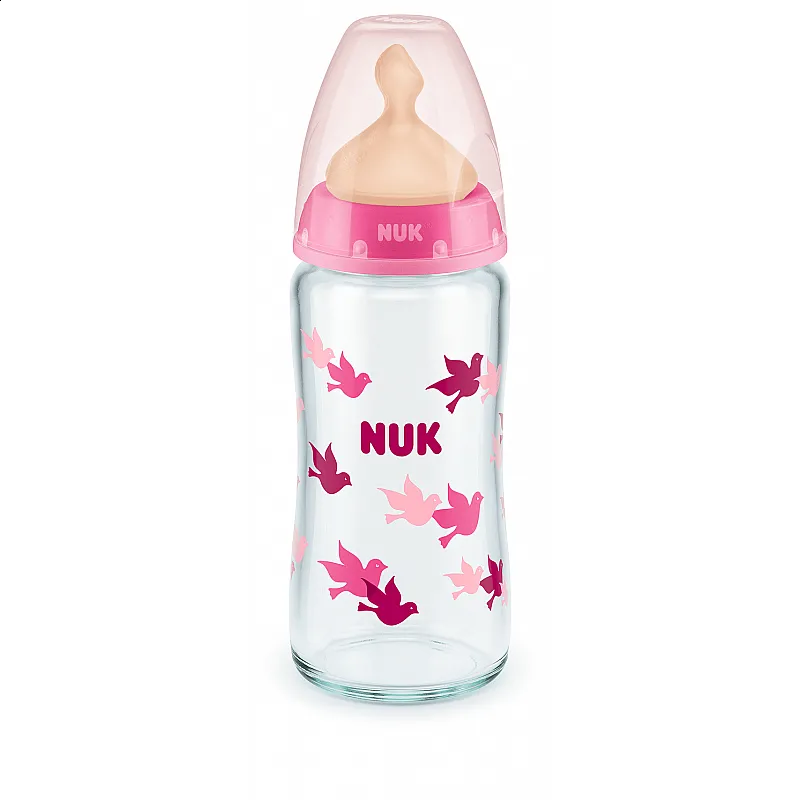 NUK First Choice стъклено шише Temperature Control 240мл. с каучуков биберон за хранене 0-6мес. - Розов
