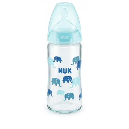 NUK First Choice стъклено шише Temperature Control 240мл. със силиконов биберон за хранене 0-6мес. - Син
