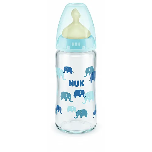 NUK First Choice стъклено шише Temperature Control 240мл. с каучуков биберон за хранене 0-6мес. - Син