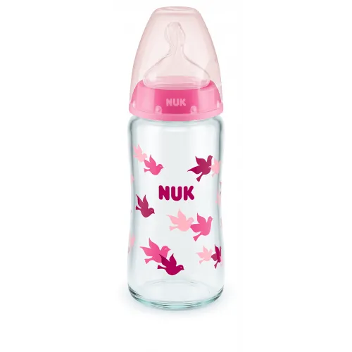NUK First Choice стъклено шише Temperature Control 240мл. със силиконов биберон за хранене 0-6мес. - Розов