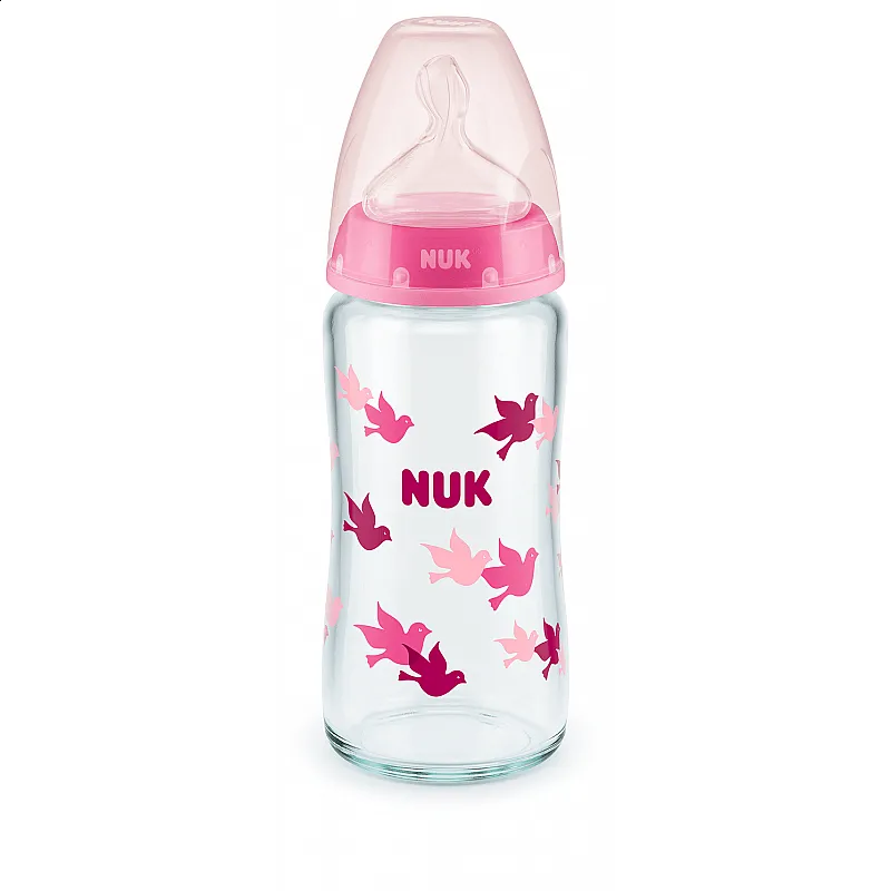 NUK First Choice стъклено шише Temperature Control 240мл. със силиконов биберон за хранене 0-6мес. - Розов