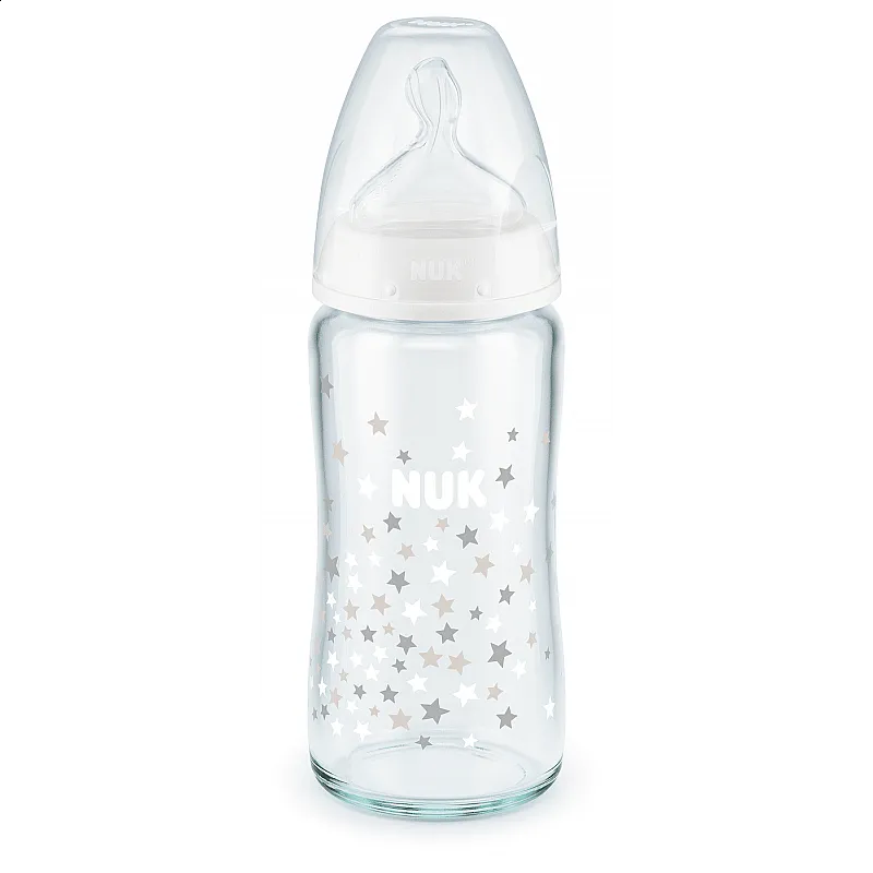 NUK First Choice стъклено шише Temperature Control 240мл. със силиконов биберон за хранене 0-6мес. - Бял