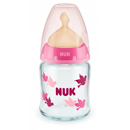 NUK First Choice стъклено шише Temperature Control 120мл. с каучуков биберон за хранене 0-6мес. - Розов