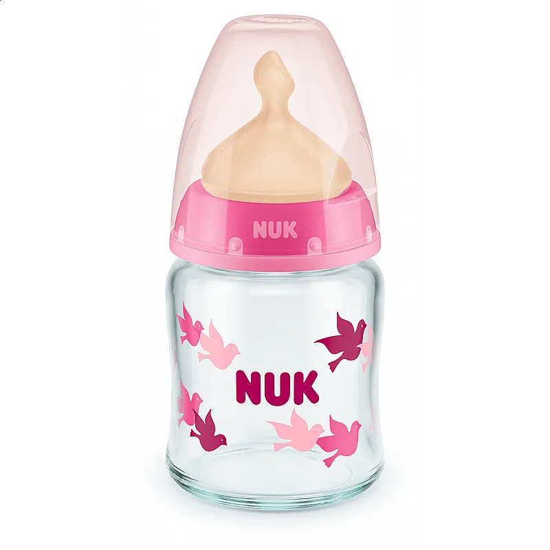 NUK First Choice стъклено шише Temperature Control 120мл. с каучуков биберон за хранене 0-6мес. - Розов