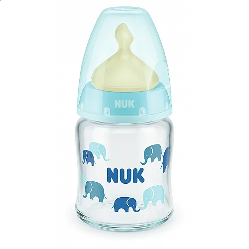 NUK First Choice стъклено шише Temperature Control 120мл. с каучуков биберон за хранене 0-6мес. - Син