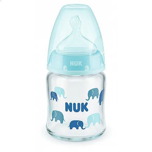 NUK First Choice стъклено шише Temperature Control 120мл. със силиконов биберон за хранене 0-6мес. - Син