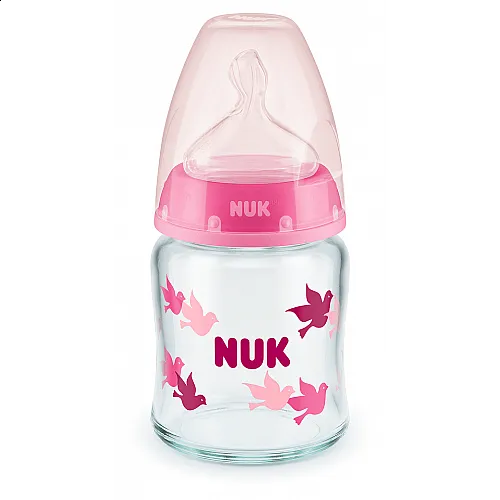 NUK First Choice стъклено шише Temperature Control 120мл. със силиконов биберон за хранене 0-6мес. - Розов