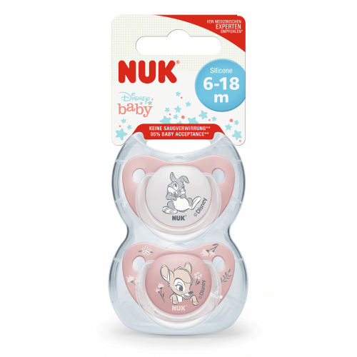 NUK биберон залъгалка силикон + кутийка за съхранение и стерилизация в микровълнова 6-18мес. 2бр BAMBI