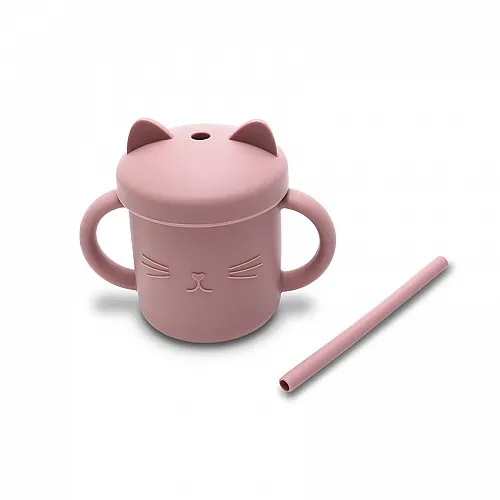 Силиконова чаша с дръжки и сламка NATURAL DEEP PINK