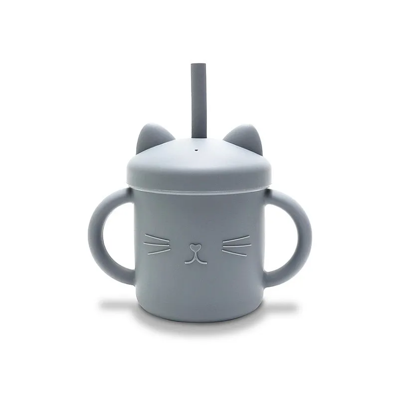 Силиконова чаша с дръжки и сламка NATURAL GREY