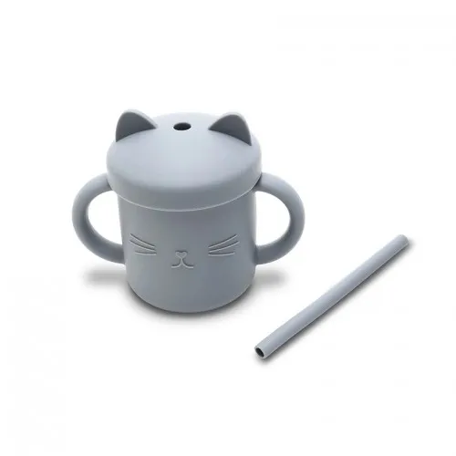 Силиконова чаша с дръжки и сламка NATURAL GREY