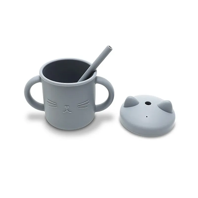 Силиконова чаша с дръжки и сламка NATURAL GREY