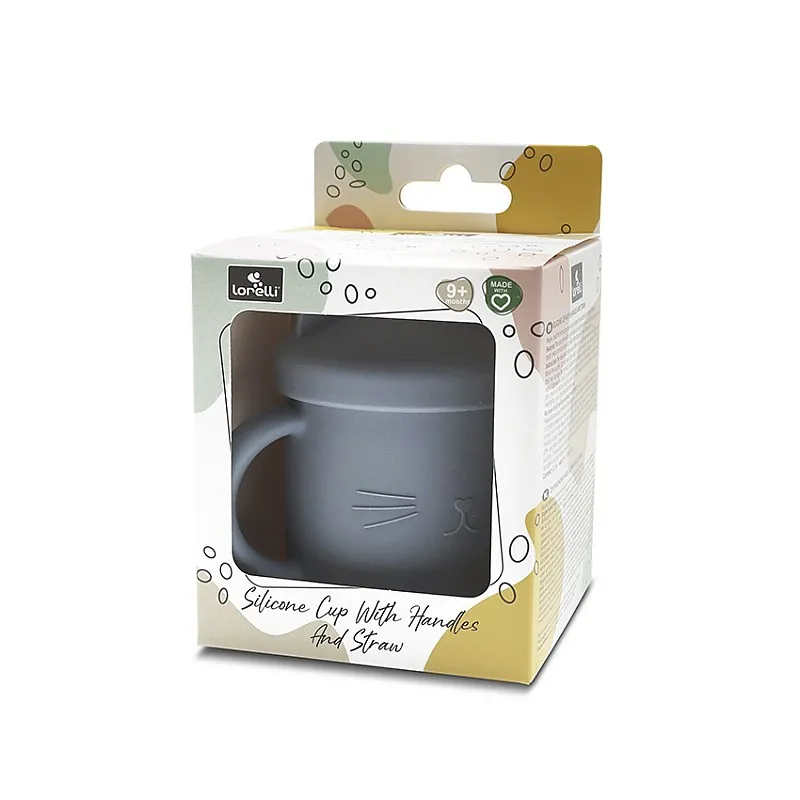 Силиконова чаша с дръжки и сламка NATURAL GREY