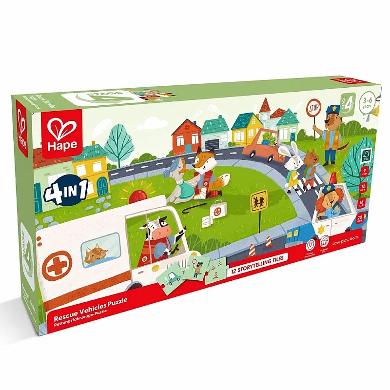 Пъзел, Hape, Спасителни превозни средства 4 в 1, 9/12/16/20 части