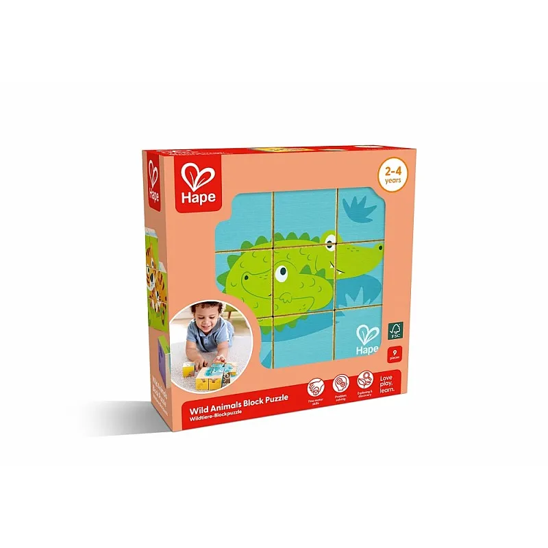 Дървен пъзел с кубчета, Hape, Диви животни, 9 части