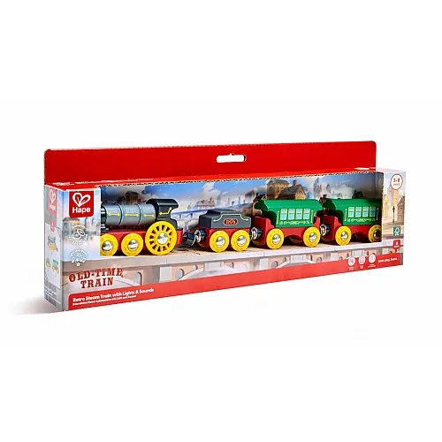 Дървен Ретро комплект парен влак, Hape, със светлини и звуци, 4 части