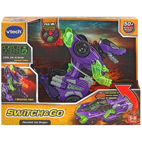 Интерактивна играчка, Vtech, Трансформер Demolish, Автомобил и Дракон 2 в 1, Лилав