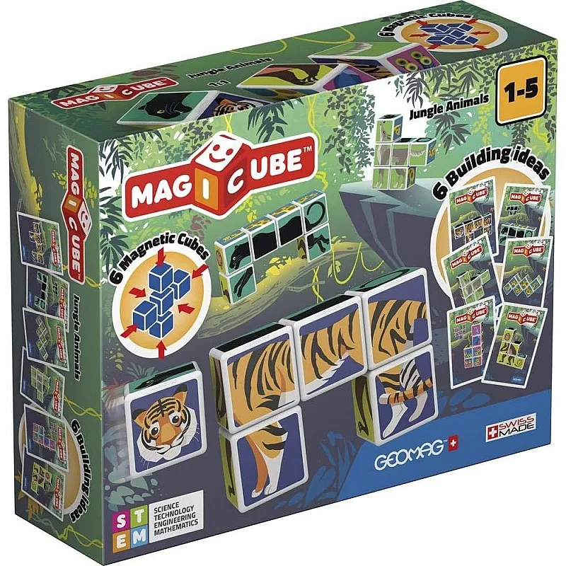 Магнитен конструктор, Geomag, Magicube, Животни в джунглата и карти 145, 9 части