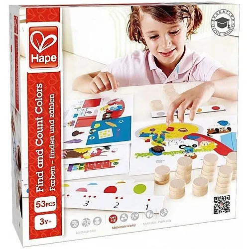 Комплект дървена игра, Hape, Намери, събери и преброй, 53 части