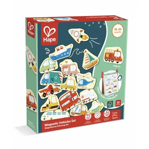 Комплект за игра, Hape, Магнитни превозни средства, 30 броя