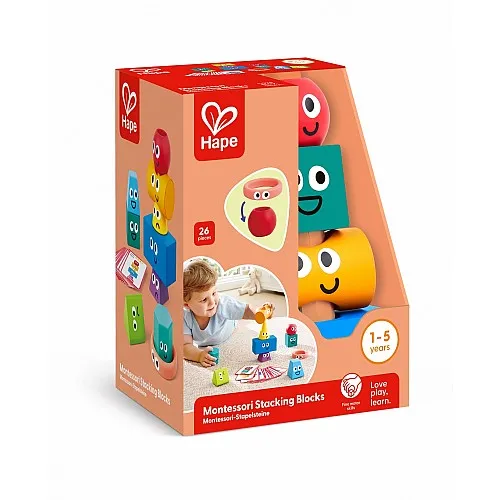 Комплект кубчета и форми за подреждане, Hape, Montessori, 26 части
