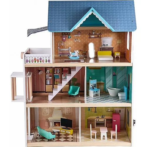 Дървен комплект, Hape, Къща за кукли с LED светлина, 18 части